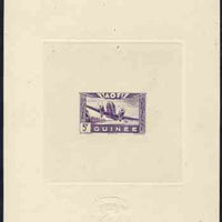 French Guinea 1942 Air stamp (Plane over village inscribed AOF) de luxe sunken card featuring unissued 5f in violet
