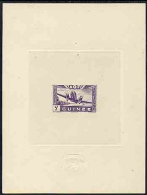French Guinea 1942 Air stamp (Plane over village inscribed AOF) de luxe sunken card featuring unissued 5f in violet