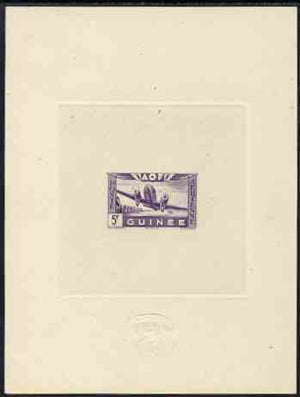 French Guinea 1942 Air stamp (Plane over village inscribed AOF) de luxe sunken card featuring unissued 5f in violet