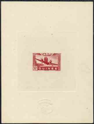 French Guinea 1942 Air stamp (Plane over village inscribed AOF) de luxe sunken card featuring unissued 50c in brick-red