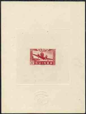 French Guinea 1942 Air stamp (Plane over village inscribed AOF) de luxe sunken card featuring unissued 50c in brick-red