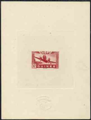 French Guinea 1942 Air stamp (Plane over village inscribed AOF) de luxe sunken card featuring unissued 50c in brick-red