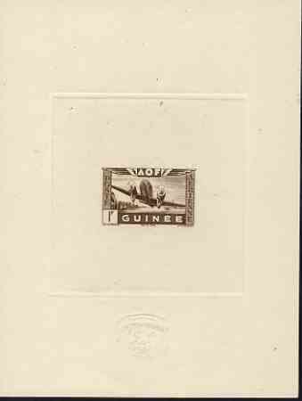 French Guinea 1942 Air stamp (Plane over village inscribed AOF) de luxe sunken card featuring unissued 1f in brown