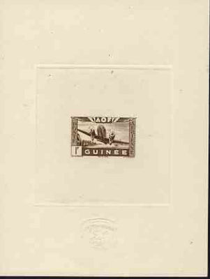 French Guinea 1942 Air stamp (Plane over village inscribed AOF) de luxe sunken card featuring unissued 1f in brown