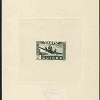 French Guinea 1942 Air stamp (Plane over village inscribed AOF) de luxe sunken card featuring unissued 2f in green