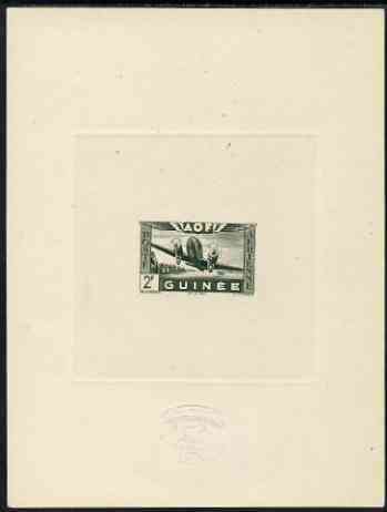 French Guinea 1942 Air stamp (Plane over village inscribed AOF) de luxe sunken card featuring unissued 2f in green
