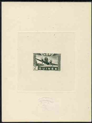 French Guinea 1942 Air stamp (Plane over village inscribed AOF) de luxe sunken card featuring unissued 2f in green