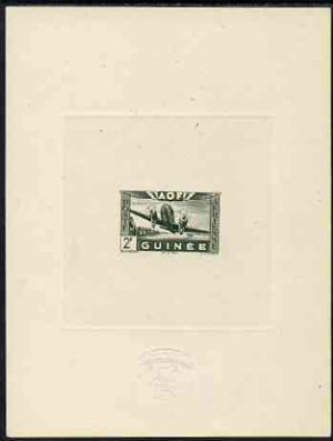 French Guinea 1942 Air stamp (Plane over village inscribed AOF) de luxe sunken card featuring unissued 2f in green