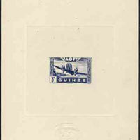 French Guinea 1942 Air stamp (Plane over village inscribed AOF) de luxe sunken card featuring unissued 3f in blue