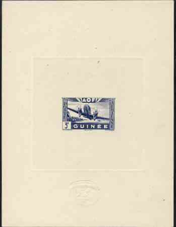 French Guinea 1942 Air stamp (Plane over village inscribed AOF) de luxe sunken card featuring unissued 3f in blue