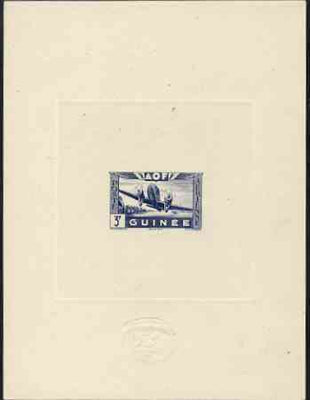 French Guinea 1942 Air stamp (Plane over village inscribed AOF) de luxe sunken card featuring unissued 3f in blue