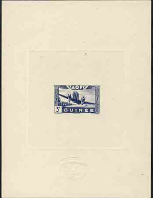 French Guinea 1942 Air stamp (Plane over village inscribed AOF) de luxe sunken card featuring unissued 3f in blue