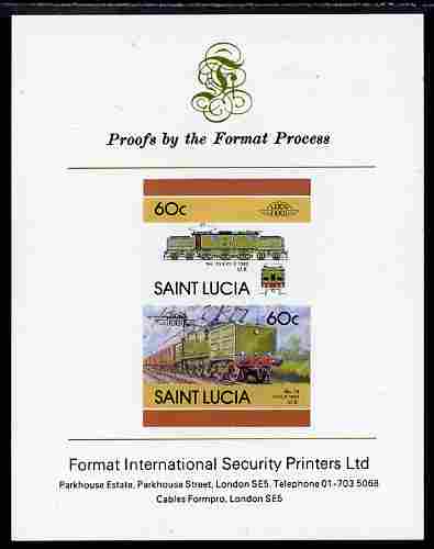 St Lucia 1986 Locomotives #5 (Leaders of the World) 60c No.13 Electric Loco se-tenant pair imperf mounted on Format International proof card
