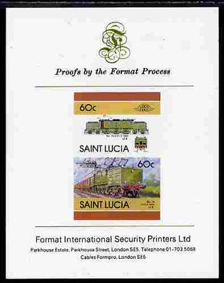 St Lucia 1986 Locomotives #5 (Leaders of the World) 60c No.13 Electric Loco se-tenant pair imperf mounted on Format International proof card