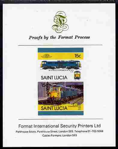 St Lucia 1986 Locomotives #5 (Leaders of the World) 15c Stephenson Electric Loco se-tenant pair imperf mounted on Format International proof card