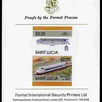 St Lucia 1986 Locomotives #5 (Leaders of the World) $2.25 Von Kruckenburg Rail Car se-tenant pair imperf mounted on Format International proof card