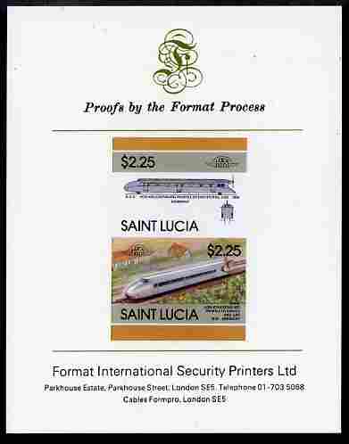 St Lucia 1986 Locomotives #5 (Leaders of the World) $2.25 Von Kruckenburg Rail Car se-tenant pair imperf mounted on Format International proof card