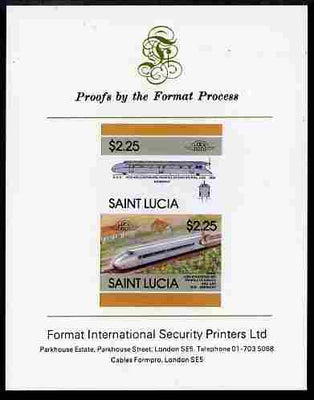 St Lucia 1986 Locomotives #5 (Leaders of the World) $2.25 Von Kruckenburg Rail Car se-tenant pair imperf mounted on Format International proof card