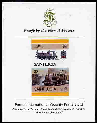 St Lucia 1986 Locomotives #5 (Leaders of the World) $3 2-4-2T JNR No.860 se-tenant pair imperf mounted on Format International proof card