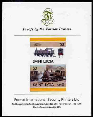 St Lucia 1986 Locomotives #5 (Leaders of the World) $3 2-4-2T JNR No.860 se-tenant pair imperf mounted on Format International proof card