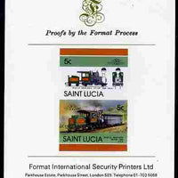 St Lucia 1986 Locomotives #5 (Leaders of the World) 5c Rack Loco Tip-Top se-tenant pair imperf mounted on Format International proof card
