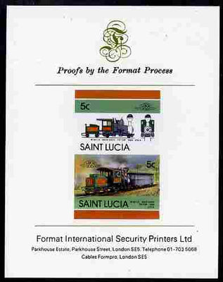 St Lucia 1986 Locomotives #5 (Leaders of the World) 5c Rack Loco Tip-Top se-tenant pair imperf mounted on Format International proof card