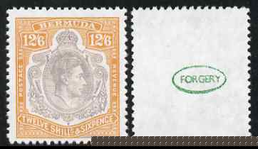 Bermuda 1938-53 KG6 12s6d,'Maryland' perf 'unused' forgery, as SG 120 - the word Forgery is either handstamped or printed on the back and comes on a presentation card with descriptive notes