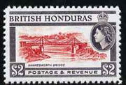 British Honduras 1953-62 Hawkesworth Bridge $2 (from def set),'Maryland' perf 'unused' forgery, as SG 189 - the word Forgery is either handstamped or printed on the back and comes on a presentation card with descriptive notes