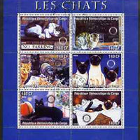 Congo 2003 Domestic Cats perf sheetlet #02 (blue border) containing 6 values each with Rotary Logo, fine cto used