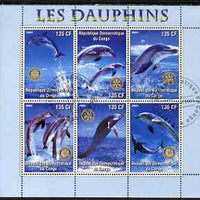 Congo 2003 Dolphins perf sheetlet #01 (vert stamps) containing 6 values each with Rotary Logo, fine cto used