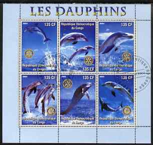 Congo 2003 Dolphins perf sheetlet #01 (vert stamps) containing 6 values each with Rotary Logo, fine cto used