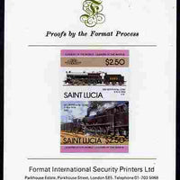 St Lucia 1985 Locomotives #4 (Leaders of the World) $2.50 'Big Bertha 0-10-0' se-tenant pair imperf mounted on Format International proof card