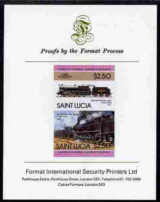 St Lucia 1985 Locomotives #4 (Leaders of the World) $2.50 'Big Bertha 0-10-0' se-tenant pair imperf mounted on Format International proof card