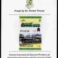 St Lucia 1983 Locomotives #1 (Leaders of the World) $1 Schools Class 'Eton' 4-6-0 se-tenant pair imperf mounted on Format International proof card