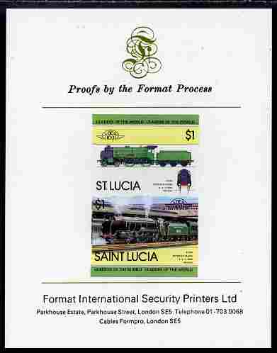 St Lucia 1983 Locomotives #1 (Leaders of the World) $1 Schools Class 'Eton' 4-6-0 se-tenant pair imperf mounted on Format International proof card