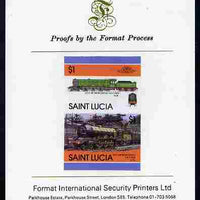 St Lucia 1986 Locomotives #5 (Leaders of the World) $1 4-6-2 City of Newcastle se-tenant pair imperf mounted on Format International proof card