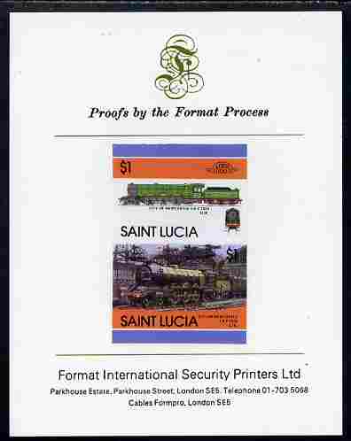 St Lucia 1986 Locomotives #5 (Leaders of the World) $1 4-6-2 City of Newcastle se-tenant pair imperf mounted on Format International proof card
