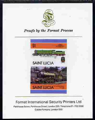 St Lucia 1986 Locomotives #5 (Leaders of the World) $1 4-6-2 City of Newcastle se-tenant pair imperf mounted on Format International proof card