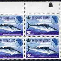 British Virgin Islands 1968 Wahoo 25c (Game Fishing) unmounted mint corner block of 4, one stamp with 'extra rock' variety