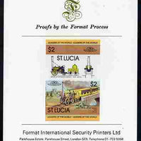 St Lucia 1983 Locomotives #1 (Leaders of the World) $2 Stephenson's Rocket se-tenant pair imperf mounted on Format International proof card