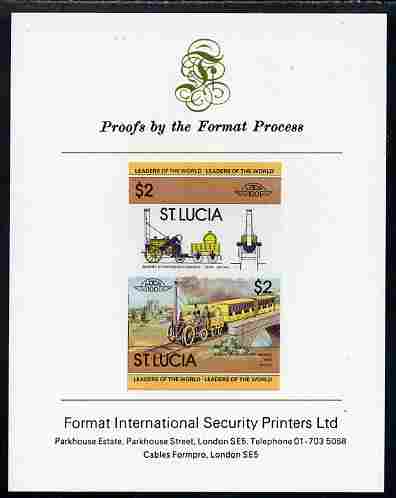 St Lucia 1983 Locomotives #1 (Leaders of the World) $2 Stephenson's Rocket se-tenant pair imperf mounted on Format International proof card
