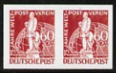 Germany - West Berlin 1949 75th Anniversary of Universal Postal Union 60pf lake-brown,'Maryland' imperf pair 'unused' forgery, as SG B58 - the word Forgery is either handstamped or printed on the back and comes on a presentation c……Details Below