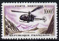France 1957 Helicopter 1000f,'Maryland' perf 'unused' forgery, as SG 1320 - the word Forgery is either handstamped or printed on the back and comes on a presentation card with descriptive notes