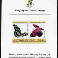St Lucia 1985 Butterflies (Leaders of the World) 40c se-tenant pair imperf mounted on Format International proof card