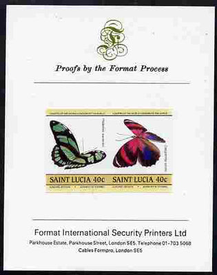 St Lucia 1985 Butterflies (Leaders of the World) 40c se-tenant pair imperf mounted on Format International proof card