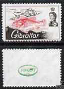 Gibraltar 1966 Sea Angling 7d with black omitted (value & inscription),,'Maryland' perf forgery 'unused', as SG 191a - the word Forgery is either handstamped or printed on the back and comes on a presentation card with descriptive notes
