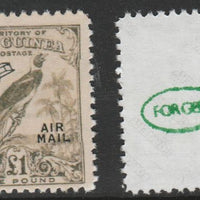 New Guinea 1932 Bird of Paradise £1 (without dates) opt'd Air Mail,,'Maryland' perf forgery 'unused', as SG 203 - the word Forgery is either handstamped or printed on the back and comes on a presentation card with descriptive notes