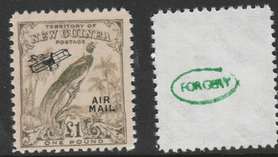 New Guinea 1932 Bird of Paradise £1 (without dates) opt'd Air Mail,,'Maryland' perf forgery 'unused', as SG 203 - the word Forgery is either handstamped or printed on the back and comes on a presentation card with descriptive notes