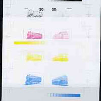 North Korea 1996 Railways sheetlet #1 (containing 2 x 50ch values) the set of 4 imperf progressive proofs comprising the 4 individual colours (magenta, yellow, blue & black) as SG N3603-04