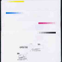 North Korea 1996 Railways sheetlet #2 (containing 2 x 50ch values & Capex 96 Logo) the set of 5 imperf progressive proofs comprising the 4 individual colours (magenta, yellow, blue, green & black) as SG N3605-06